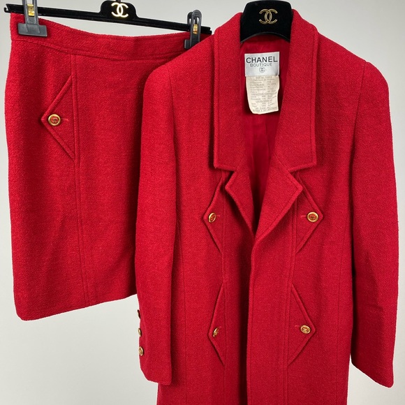 Vintage Chanel Fall 1994 Red Boucle Wool 2 Piece Suit